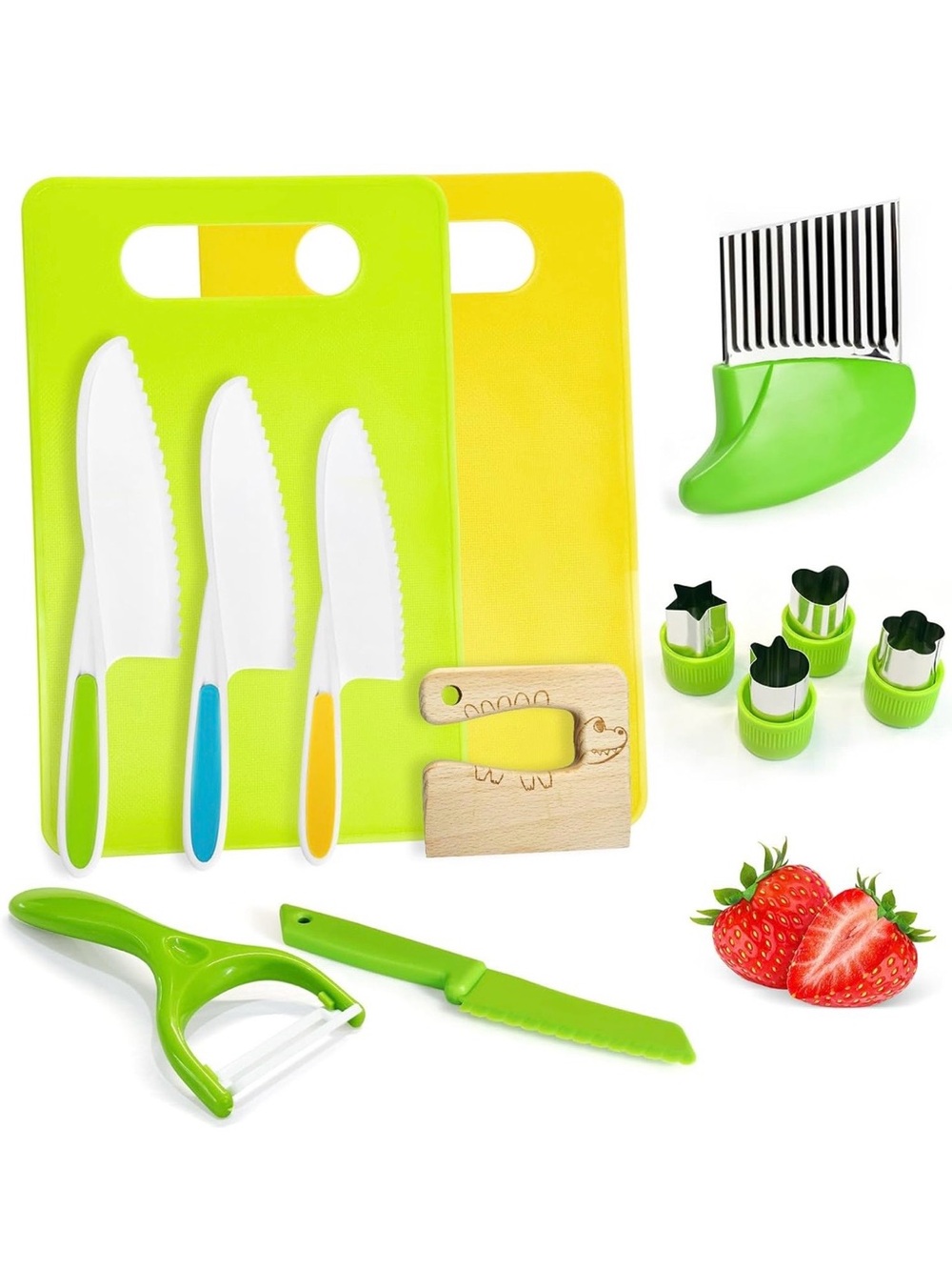 Kids' Green and Yellow Kitchen Cutting Set - Child-Safe Knife & Fruit Tools